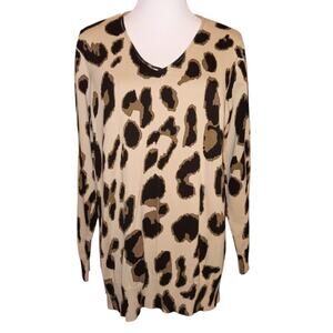 BELLE KIM GRAVEL Sweater Top M Animal Print Cheetah Leopard V-Neck Office Career